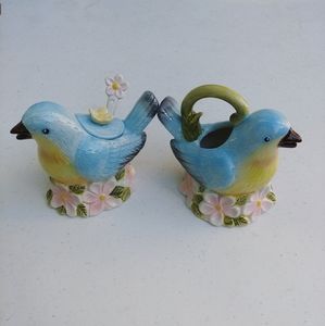 Blue Bird Flowers Ceramic Sugar and Creamer Set